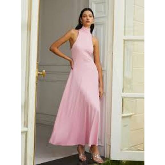 Commense Elegant Pink High Neck Long Dress Stretch Jersey Old Money Romantic S - Picture 1 of 4